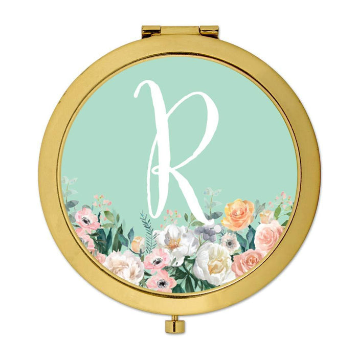 Andaz Press Peach Flower Florals on Mint Green Monogram Gold Compact Mirror-Set of 1-Andaz Press-R-