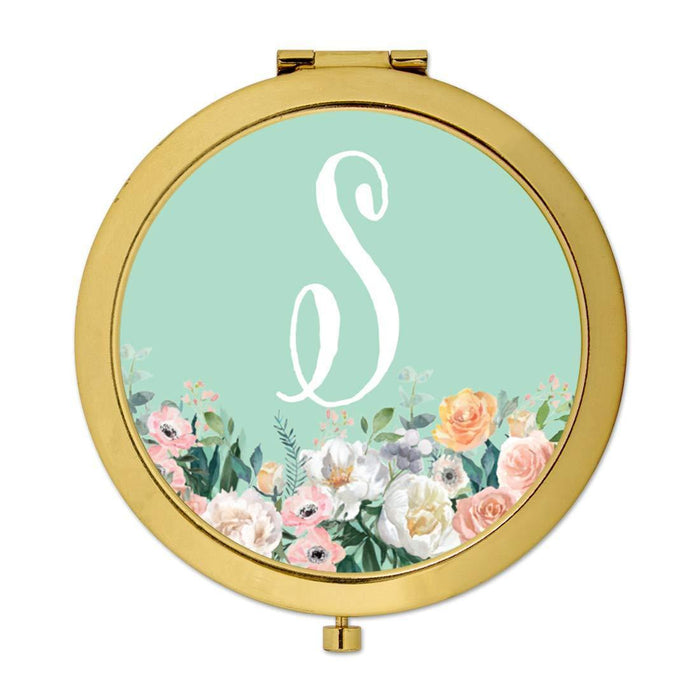 Andaz Press Peach Flower Florals on Mint Green Monogram Gold Compact Mirror-Set of 1-Andaz Press-S-