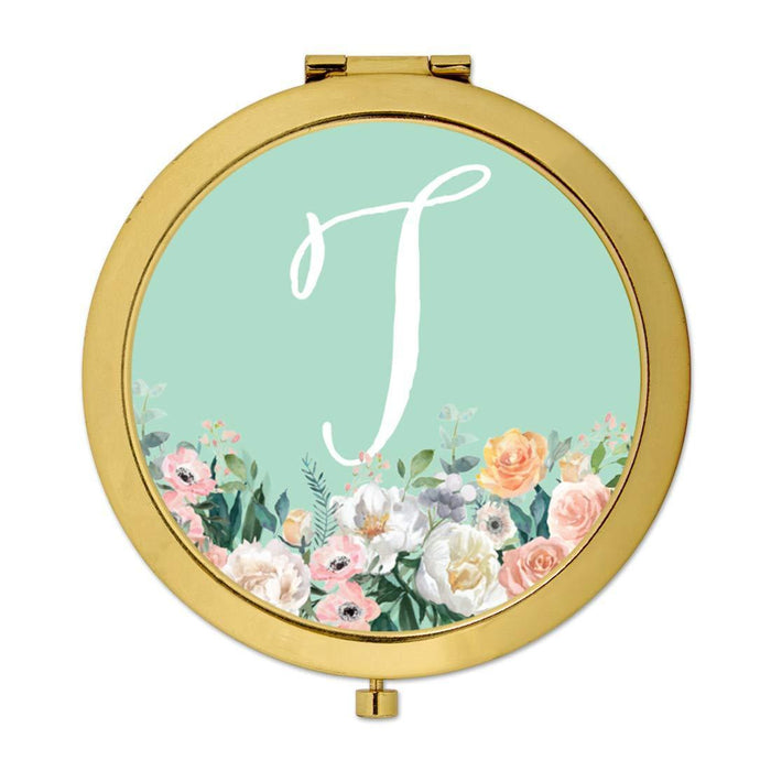 Andaz Press Peach Flower Florals on Mint Green Monogram Gold Compact Mirror-Set of 1-Andaz Press-T-