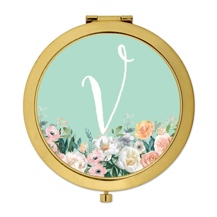 Andaz Press Peach Flower Florals on Mint Green Monogram Gold Compact Mirror-Set of 1-Andaz Press-V-