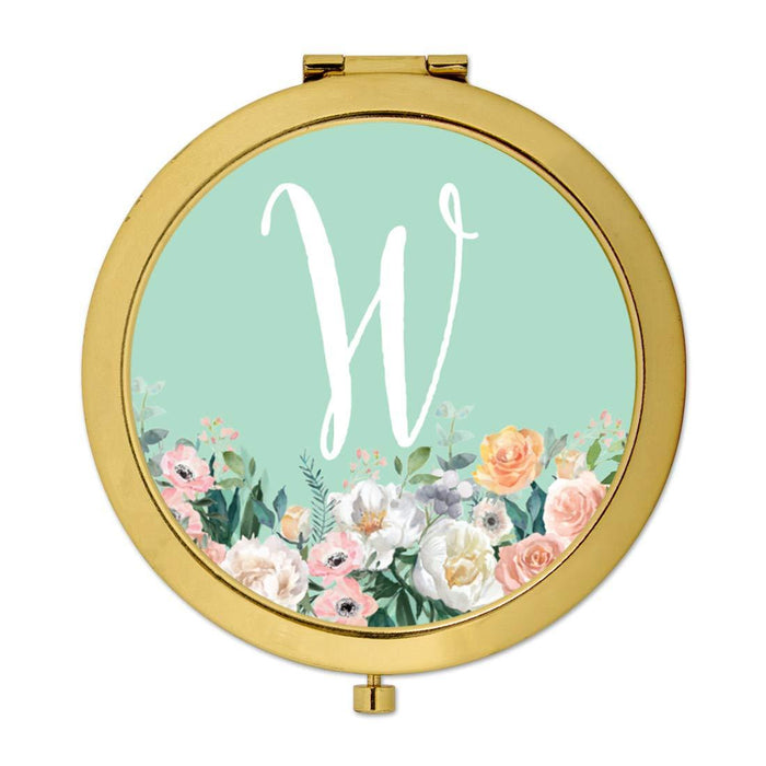 Andaz Press Peach Flower Florals on Mint Green Monogram Gold Compact Mirror-Set of 1-Andaz Press-W-