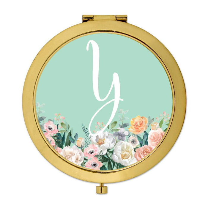 Andaz Press Peach Flower Florals on Mint Green Monogram Gold Compact Mirror-Set of 1-Andaz Press-Y-