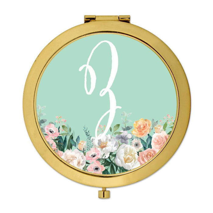 Andaz Press Peach Flower Florals on Mint Green Monogram Gold Compact Mirror-Set of 1-Andaz Press-Z-