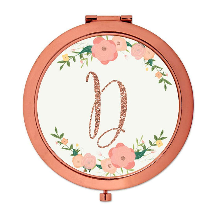 Andaz Press Peach Pink Florals with Faux Rose Gold Glitter Monogram Rose Gold Compact Mirror-Set of 1-Andaz Press-D-