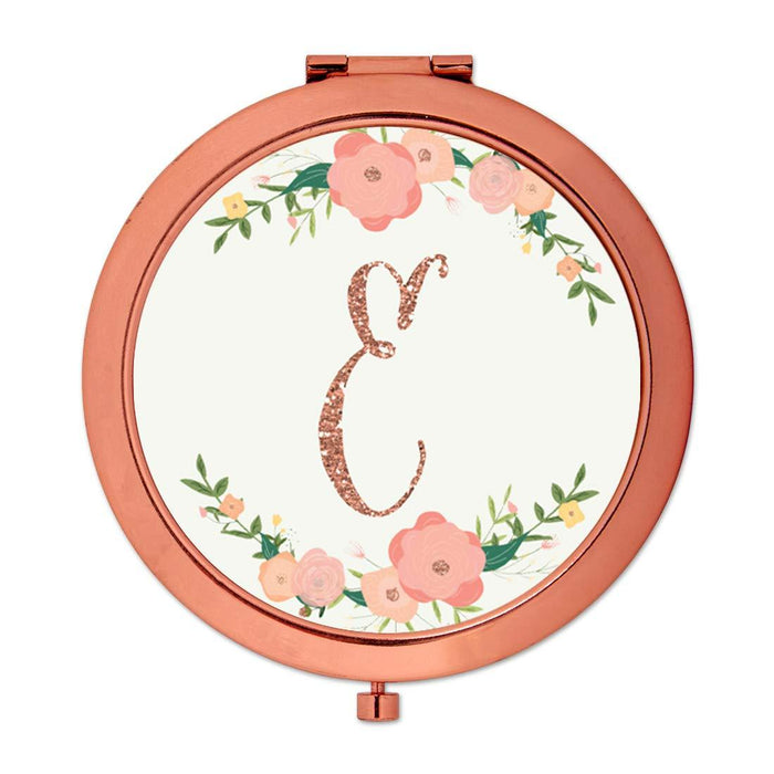 Andaz Press Peach Pink Florals with Faux Rose Gold Glitter Monogram Rose Gold Compact Mirror-Set of 1-Andaz Press-E-