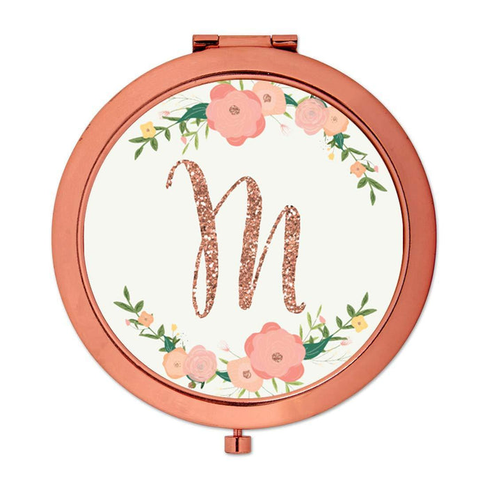 Andaz Press Peach Pink Florals with Faux Rose Gold Glitter Monogram Rose Gold Compact Mirror-Set of 1-Andaz Press-M-
