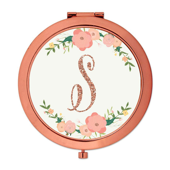 Andaz Press Peach Pink Florals with Faux Rose Gold Glitter Monogram Rose Gold Compact Mirror-Set of 1-Andaz Press-S-