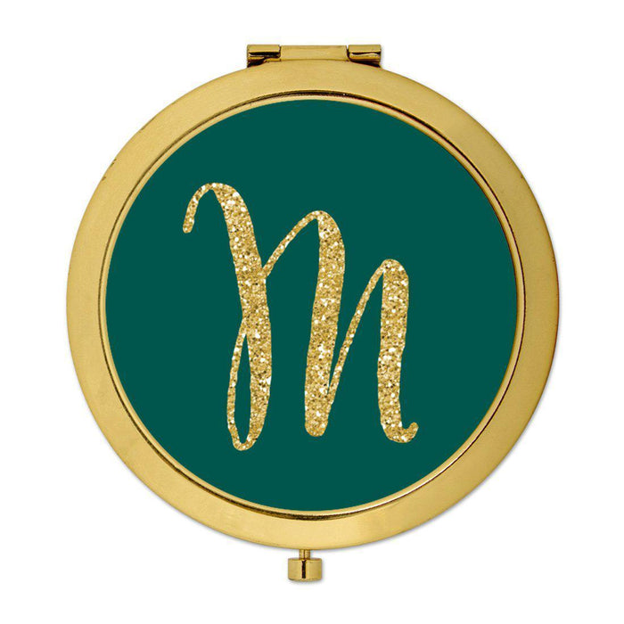 Andaz Press Peacock Blue Jewel Tone with Faux Gold Glitter Monogram Gold 2.75 inch Round Compact Mirror-Set of 1-Andaz Press-M-