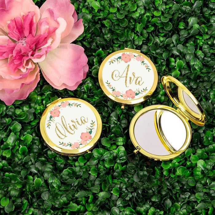 Andaz Press Personalized Peach Pink Florals with Faux Gold Glitter Monogram Gold Compact Mirror-Set of 1-Andaz Press-Custom Name-