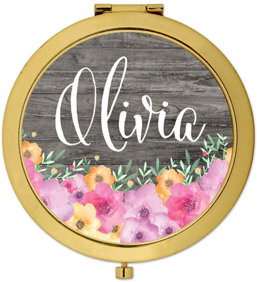 Andaz Press Personalized Pink Floral Flowers on Rustic Gray Wood Monogram Gold Compact Mirror-Set of 1-Andaz Press-Custom Name-