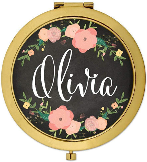 Andaz Press Personalized Pink Peach Florals on Chalkboard Monogram Gold Compact Mirror-Set of 1-Andaz Press-Custom Name-