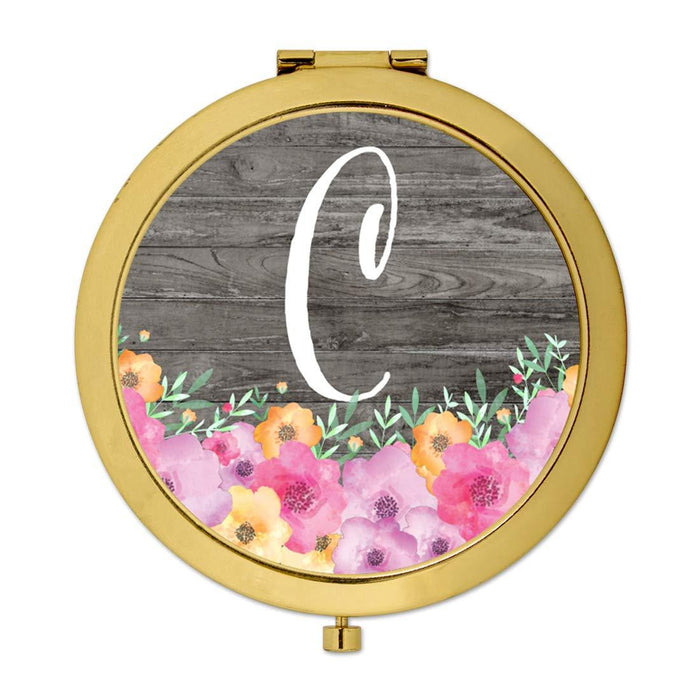 Andaz Press Pink Floral Flowers on Rustic Gray Wood Monogram Gold Compact Mirror-Set of 1-Andaz Press-C-