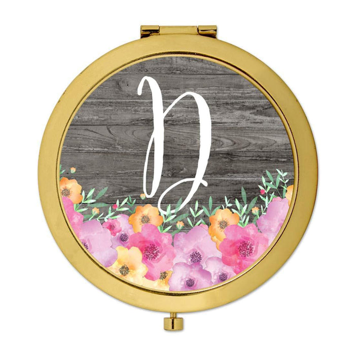Andaz Press Pink Floral Flowers on Rustic Gray Wood Monogram Gold Compact Mirror-Set of 1-Andaz Press-D-