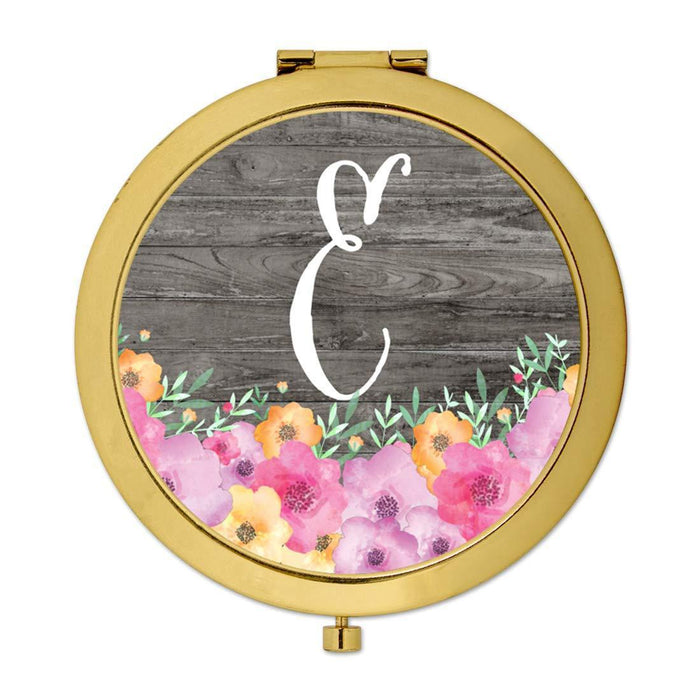 Andaz Press Pink Floral Flowers on Rustic Gray Wood Monogram Gold Compact Mirror-Set of 1-Andaz Press-E-
