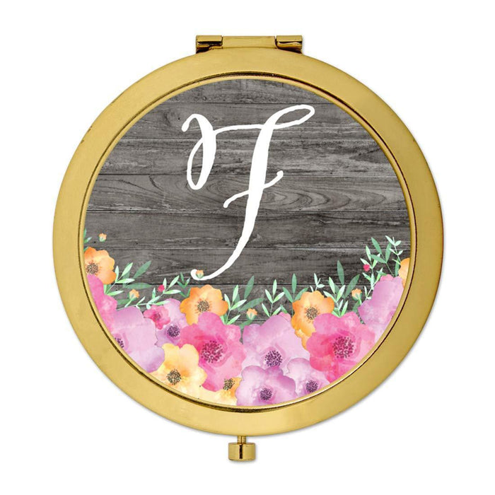 Andaz Press Pink Floral Flowers on Rustic Gray Wood Monogram Gold Compact Mirror-Set of 1-Andaz Press-F-