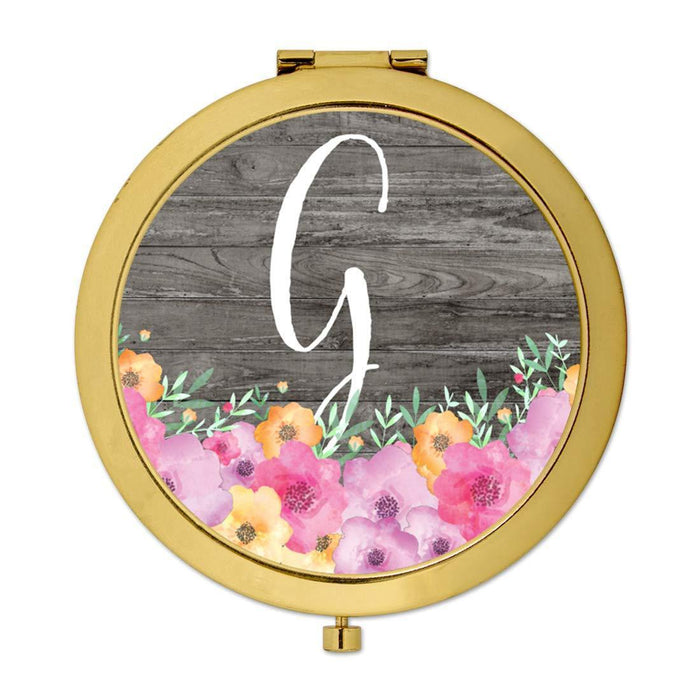 Andaz Press Pink Floral Flowers on Rustic Gray Wood Monogram Gold Compact Mirror-Set of 1-Andaz Press-G-