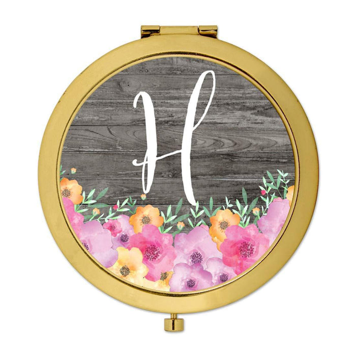 Andaz Press Pink Floral Flowers on Rustic Gray Wood Monogram Gold Compact Mirror-Set of 1-Andaz Press-H-