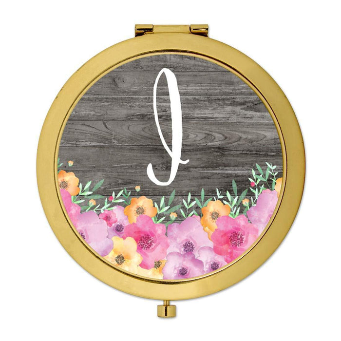 Andaz Press Pink Floral Flowers on Rustic Gray Wood Monogram Gold Compact Mirror-Set of 1-Andaz Press-I-