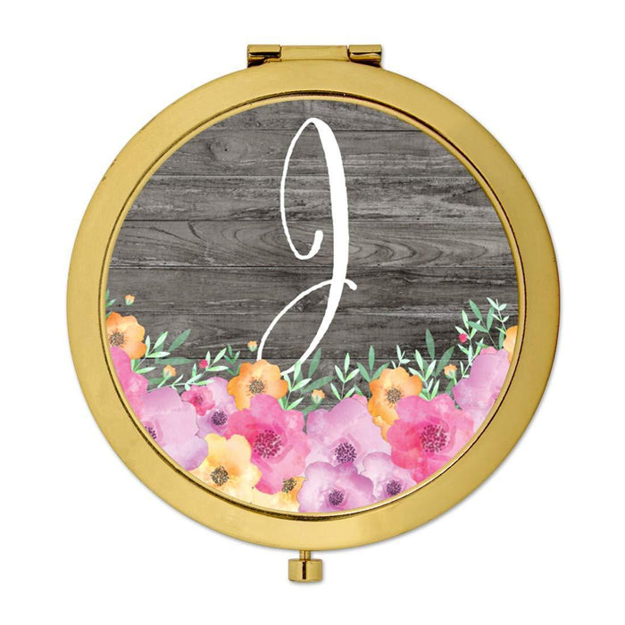 Andaz Press Pink Floral Flowers on Rustic Gray Wood Monogram Gold Compact Mirror-Set of 1-Andaz Press-J-