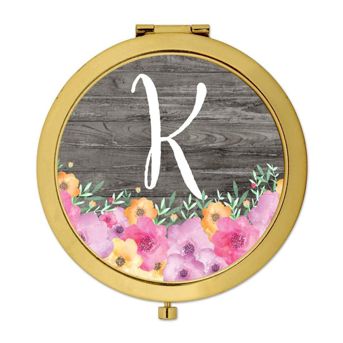 Andaz Press Pink Floral Flowers on Rustic Gray Wood Monogram Gold Compact Mirror-Set of 1-Andaz Press-K-