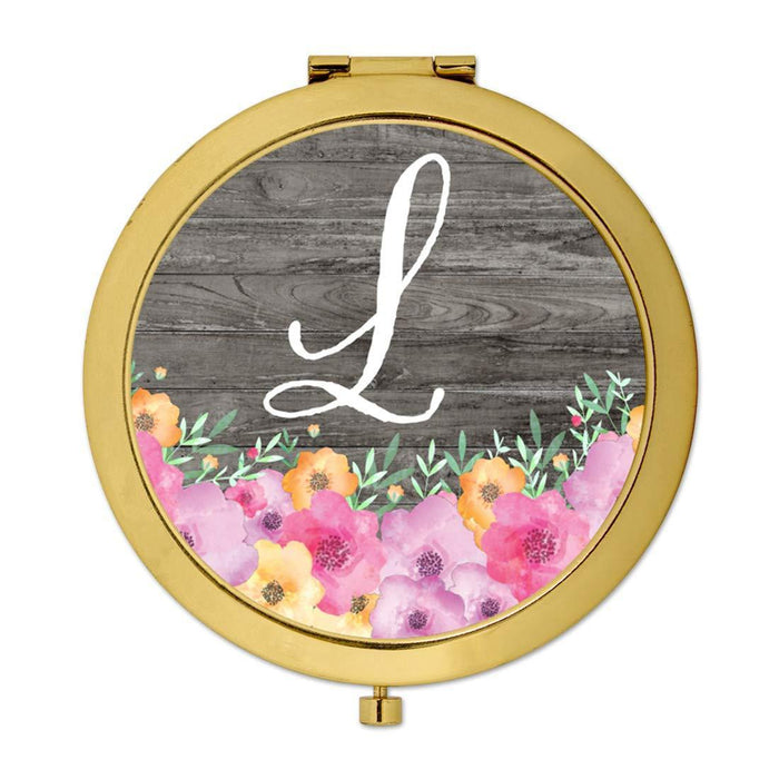 Andaz Press Pink Floral Flowers on Rustic Gray Wood Monogram Gold Compact Mirror-Set of 1-Andaz Press-L-
