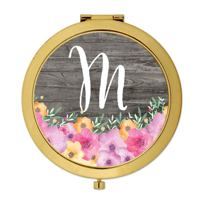 Andaz Press Pink Floral Flowers on Rustic Gray Wood Monogram Gold Compact Mirror-Set of 1-Andaz Press-M-