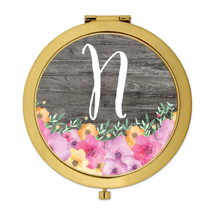 Andaz Press Pink Floral Flowers on Rustic Gray Wood Monogram Gold Compact Mirror-Set of 1-Andaz Press-N-
