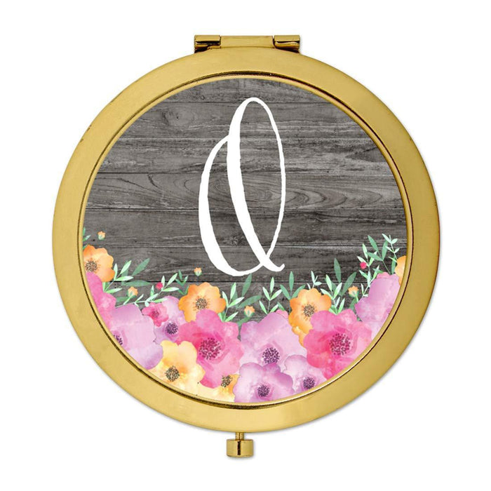 Andaz Press Pink Floral Flowers on Rustic Gray Wood Monogram Gold Compact Mirror-Set of 1-Andaz Press-O-