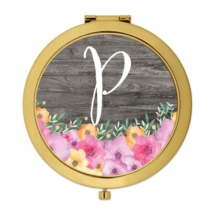Andaz Press Pink Floral Flowers on Rustic Gray Wood Monogram Gold Compact Mirror-Set of 1-Andaz Press-P-