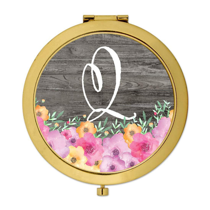 Andaz Press Pink Floral Flowers on Rustic Gray Wood Monogram Gold Compact Mirror-Set of 1-Andaz Press-Q-