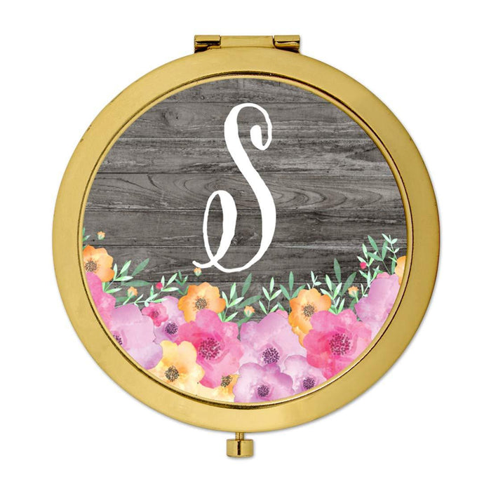 Andaz Press Pink Floral Flowers on Rustic Gray Wood Monogram Gold Compact Mirror-Set of 1-Andaz Press-S-