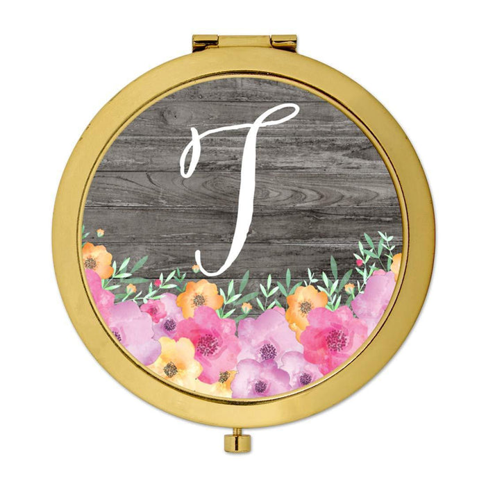 Andaz Press Pink Floral Flowers on Rustic Gray Wood Monogram Gold Compact Mirror-Set of 1-Andaz Press-T-