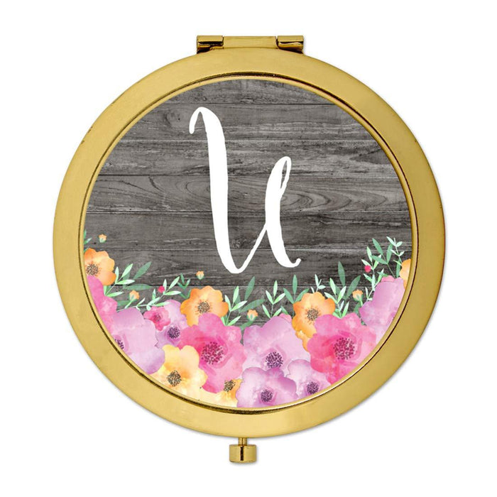 Andaz Press Pink Floral Flowers on Rustic Gray Wood Monogram Gold Compact Mirror-Set of 1-Andaz Press-U-