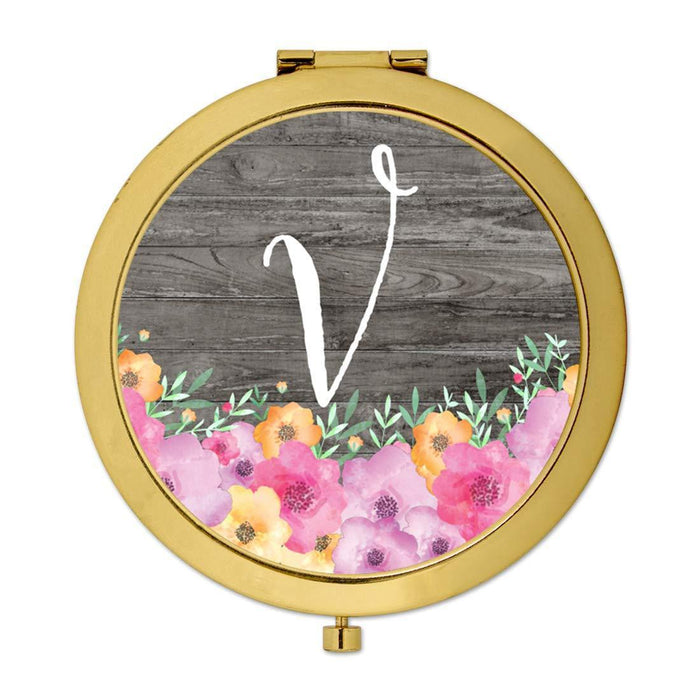Andaz Press Pink Floral Flowers on Rustic Gray Wood Monogram Gold Compact Mirror-Set of 1-Andaz Press-V-
