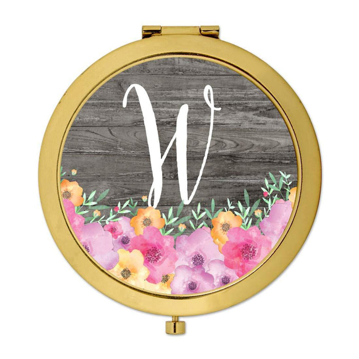 Andaz Press Pink Floral Flowers on Rustic Gray Wood Monogram Gold Compact Mirror-Set of 1-Andaz Press-W-