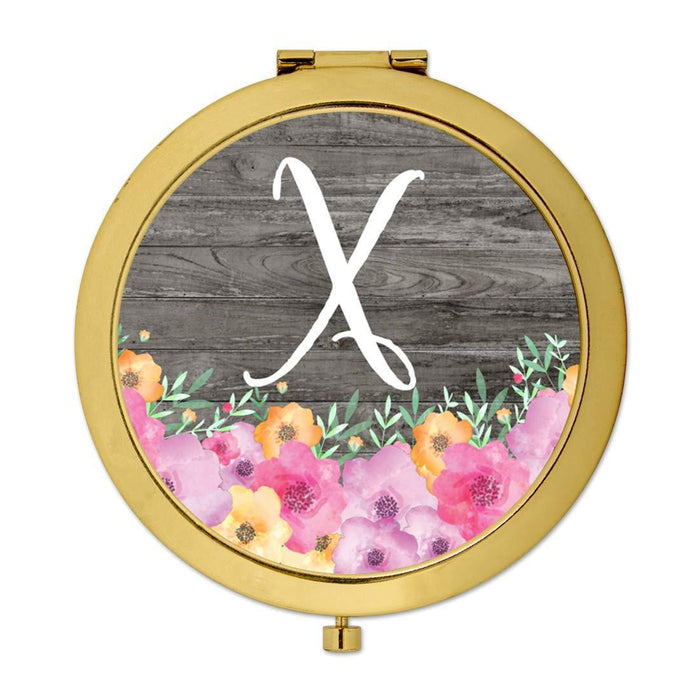 Andaz Press Pink Floral Flowers on Rustic Gray Wood Monogram Gold Compact Mirror-Set of 1-Andaz Press-X-