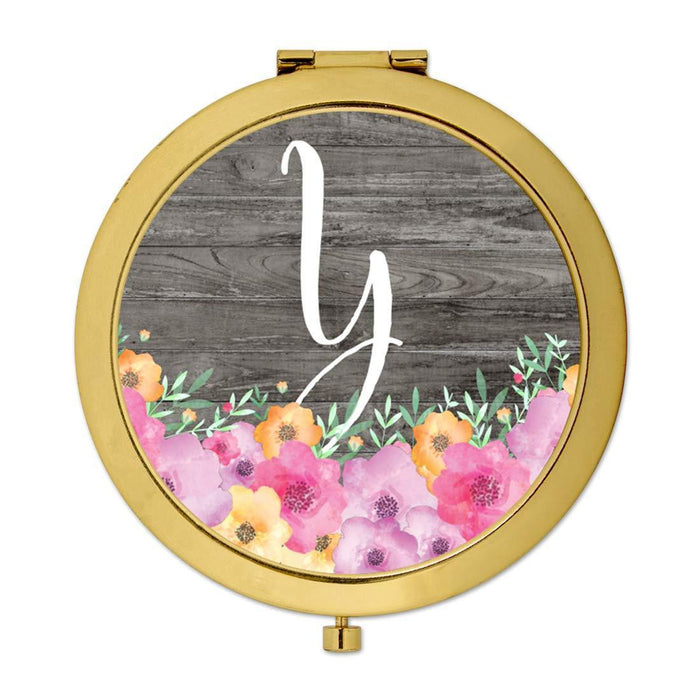 Andaz Press Pink Floral Flowers on Rustic Gray Wood Monogram Gold Compact Mirror-Set of 1-Andaz Press-Y-