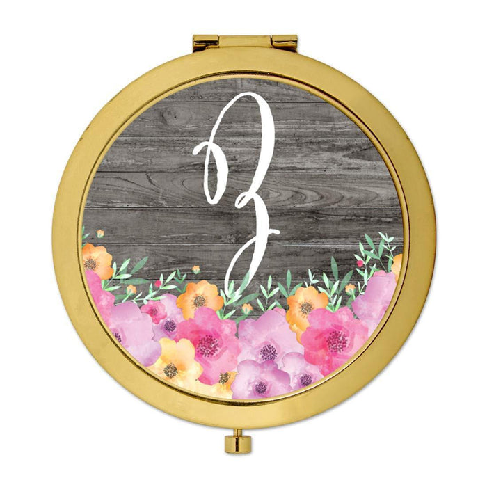 Andaz Press Pink Floral Flowers on Rustic Gray Wood Monogram Gold Compact Mirror-Set of 1-Andaz Press-Z-