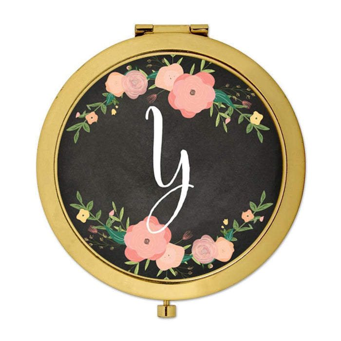 Andaz Press Pink Peach Florals on Chalkboard Monogram Gold Compact Mirror-Set of 1-Andaz Press-Y-