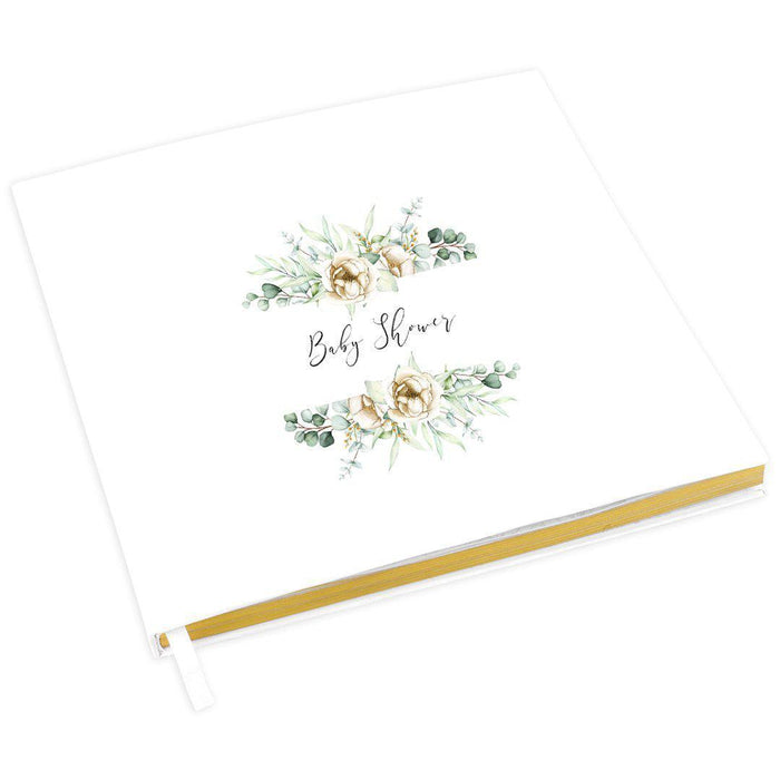 Baby Shower Guestbook with Gold Accents, White Guest Sign in Registry, Scrapbook, Photo Album-Set of 1-Andaz Press-Greenery with Ivory Florals-