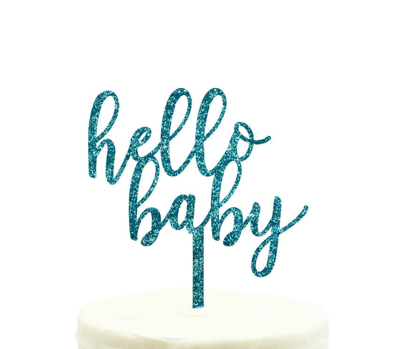 Baby Shower Hello Baby Glitter Acrylic Cake Toppers-Set of 1-Andaz Press-Aqua-