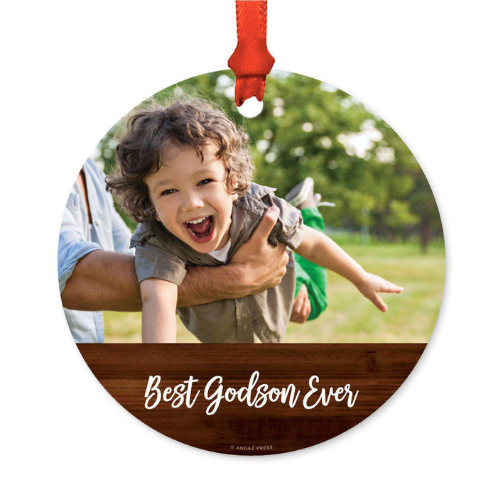 Best Collection, Photo Personalized Christmas Metal Ornament, Rustic Wood-Set of 1-Andaz Press-Best Godson Ever-