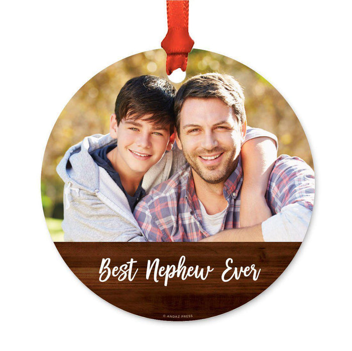 Best Collection, Photo Personalized Christmas Metal Ornament, Rustic Wood-Set of 1-Andaz Press-Best Nephew Ever-