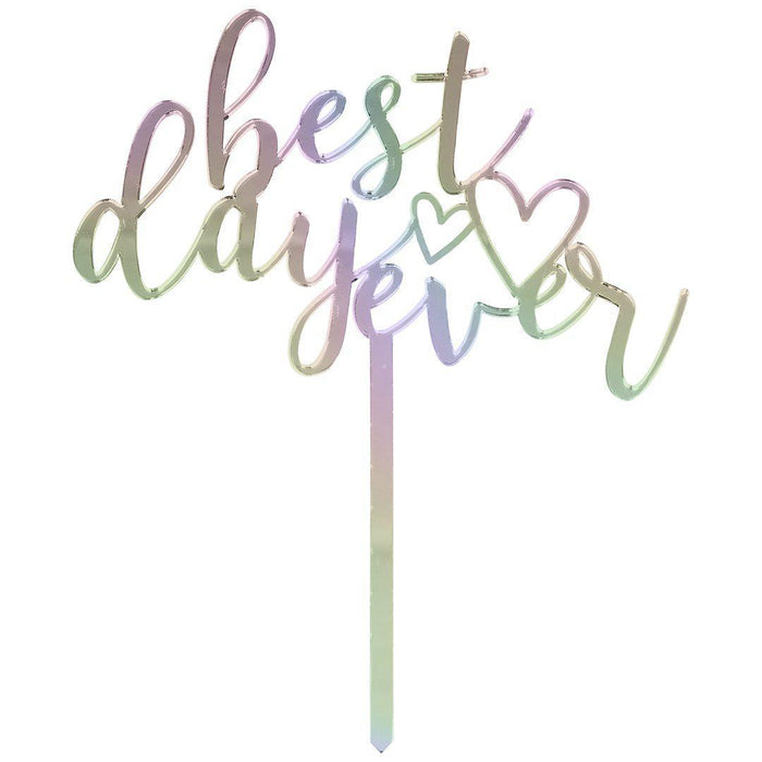 Best Day Ever Mirror Acrylic Wedding Cake Toppers-Set of 1-Andaz Press-Iridescent-