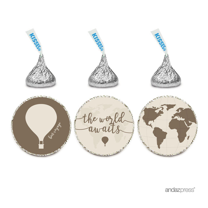 Birthday Hersheys Kisses Stickers-Set of 216-Andaz Press-Hot Air Balloon World Map The World Awaits-