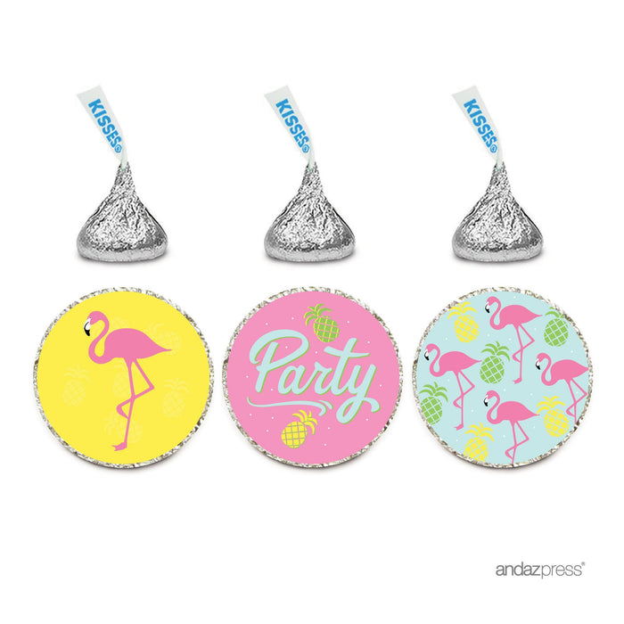 Birthday Hersheys Kisses Stickers-Set of 216-Andaz Press-Pink Flamingo Yellow and Kiwi Green Pineapples-