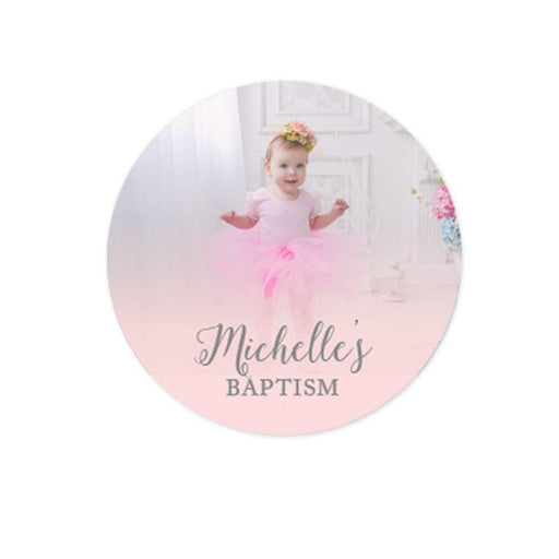 Blush Pink and Gray Baby Girl Baptism Photo Personalized Round Circle Label Stickers-set of 40-Andaz Press-