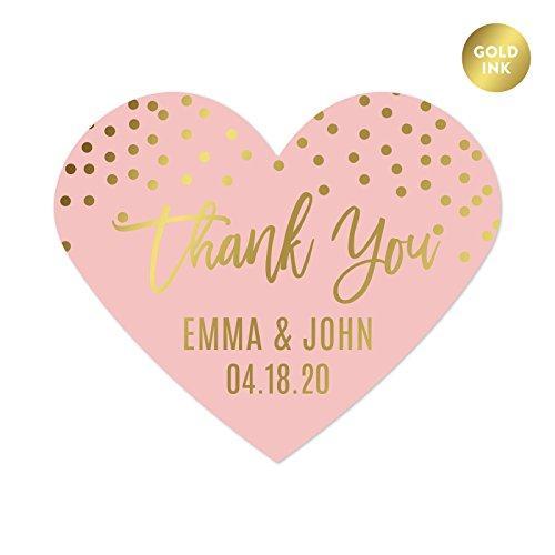 Blush Pink and Metallic Gold Confetti Polka Dots Wedding Personalized Heart Label Stickers, Thank You-Set of 75-Andaz Press-