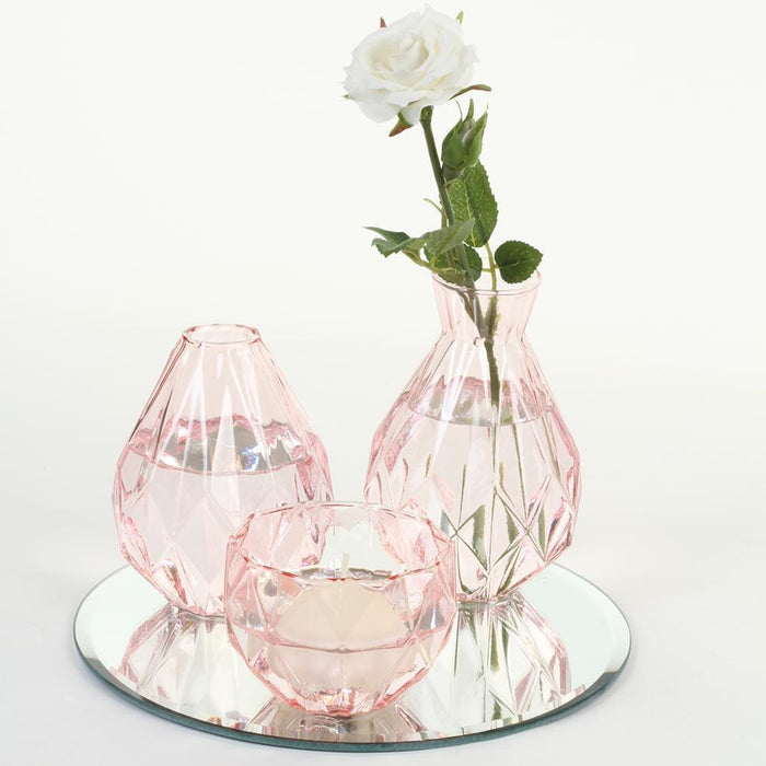Bud Vase Centerpiece with Round Bevel Mirror-Set of 4-Koyal Wholesale-Pink-