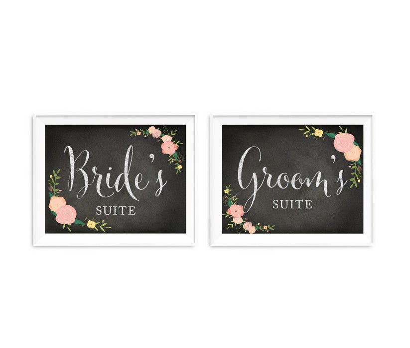 Chalkboard & Floral Roses Wedding Party Signs, 2-Pack-Set of 2-Andaz Press-Bride & Groom's Suite-